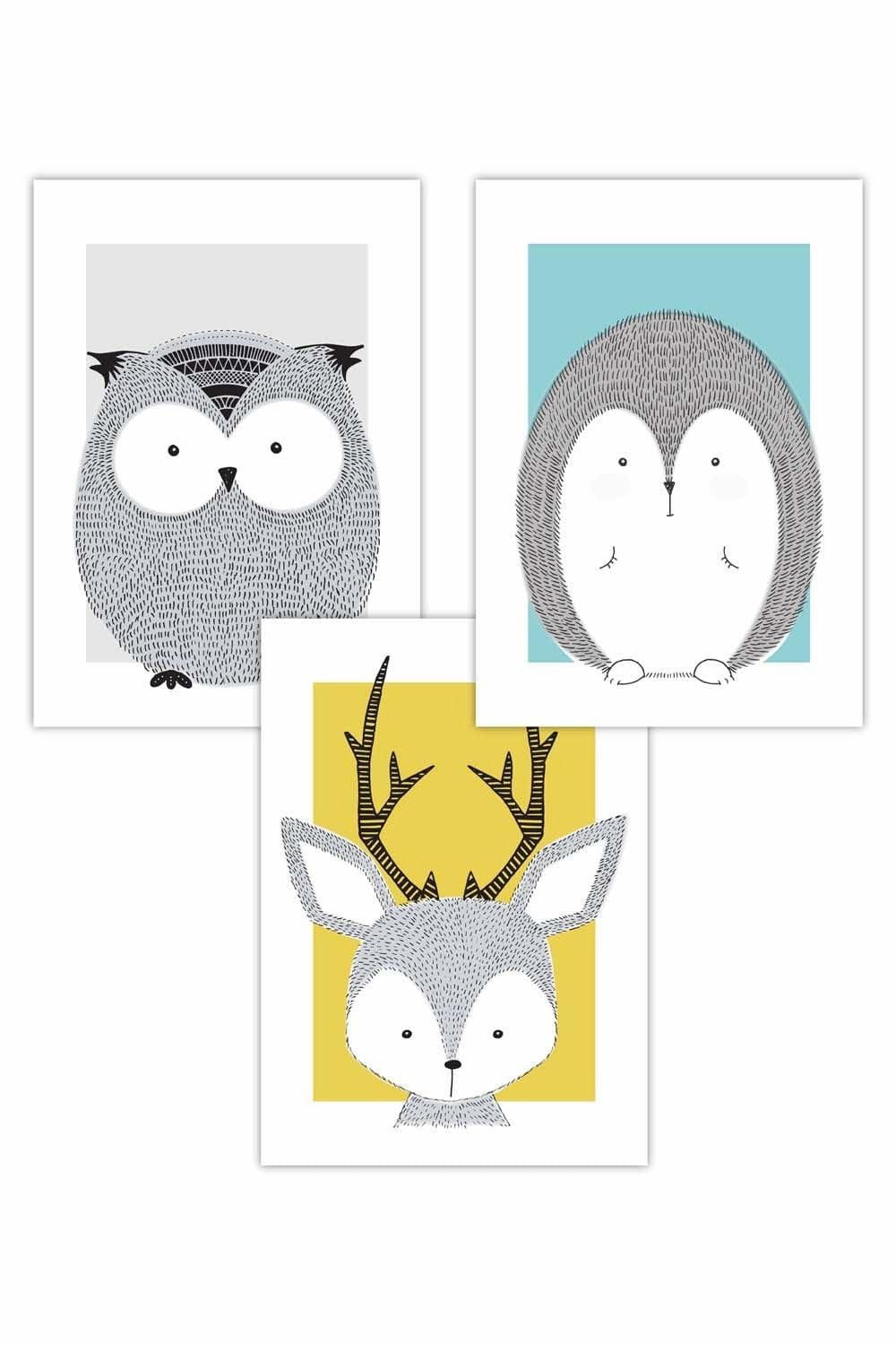 Set of 3 Nursery Scandi Sketch Woodland Animals with Owl in Blue Yellow Grey Art Posters